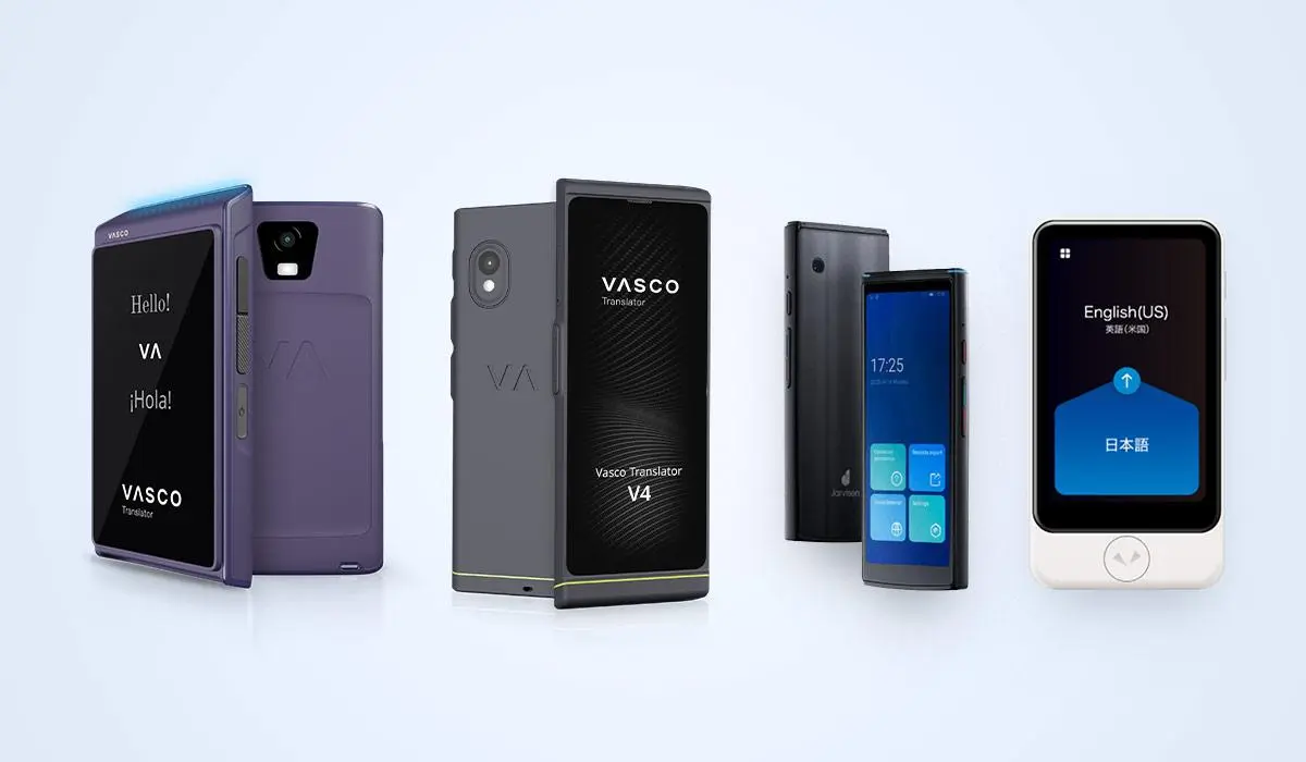 Hordozható fordítók összehasonlítása: Vasco Translator Q1, Vasco Translator V4, Jarvisen és Pocketalk.